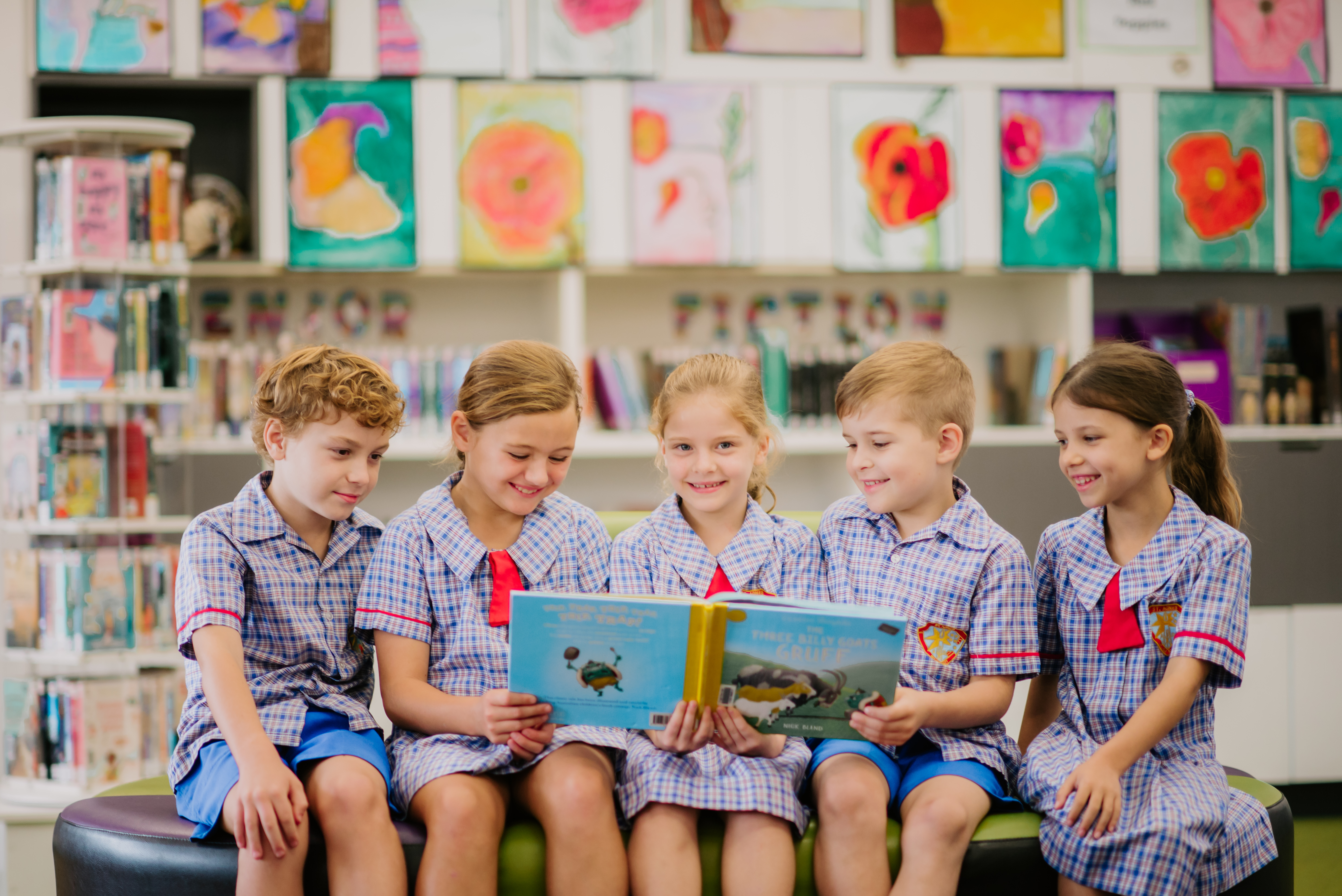 Bright, open school library with shelves of books, seating areas, and clearly labelled junior fiction and non‑fiction sections.