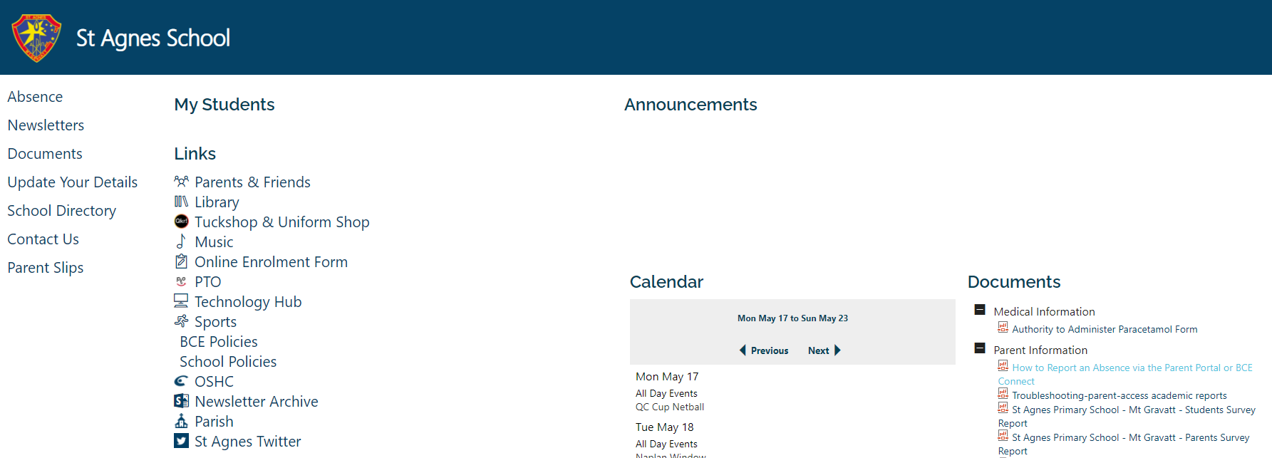 School website homepage showing navigation links, announcements, calendar, and document sections for St Agnes School.