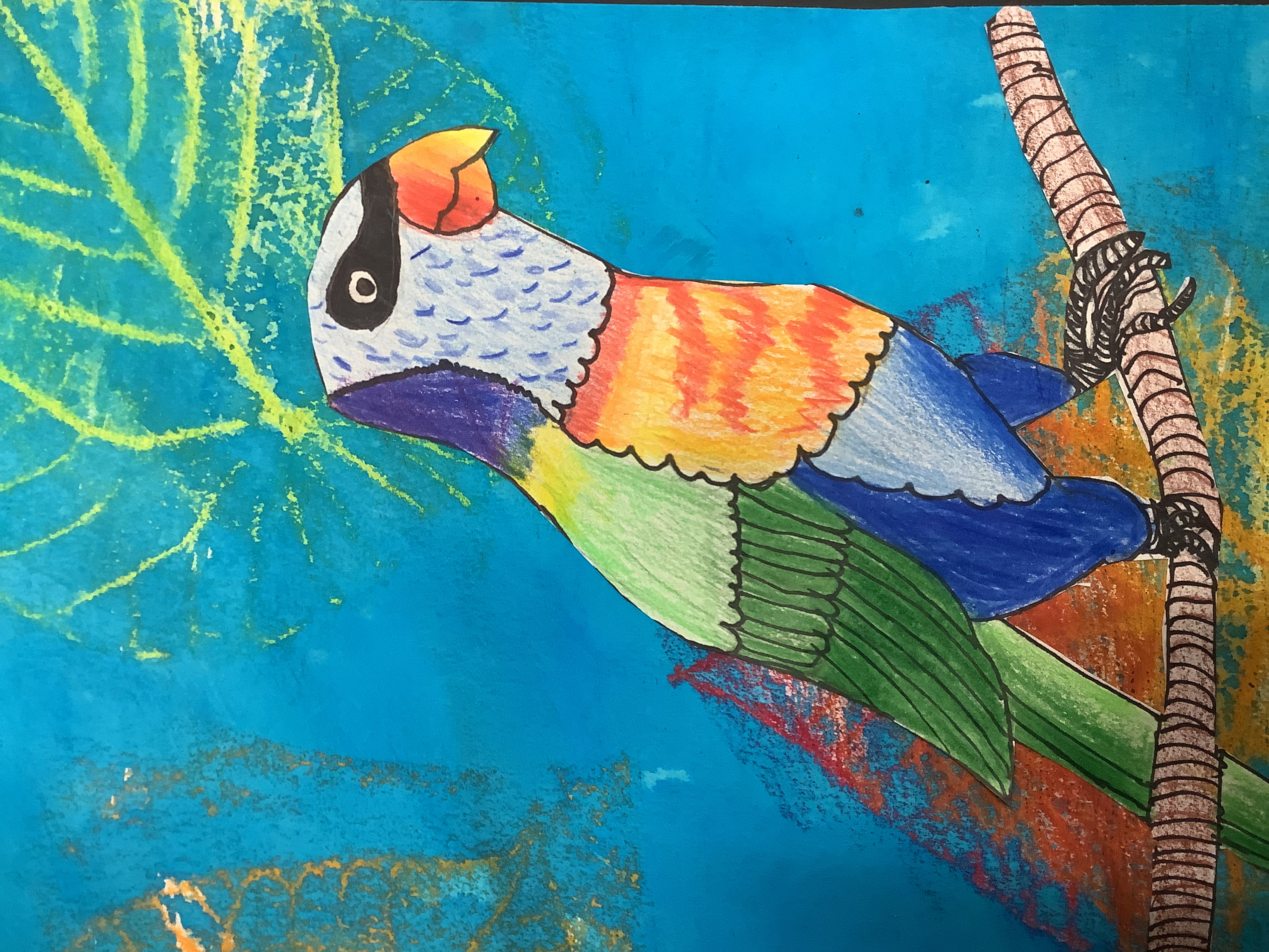 Colourful student artwork of a parrot perched on a branch against a blue background.